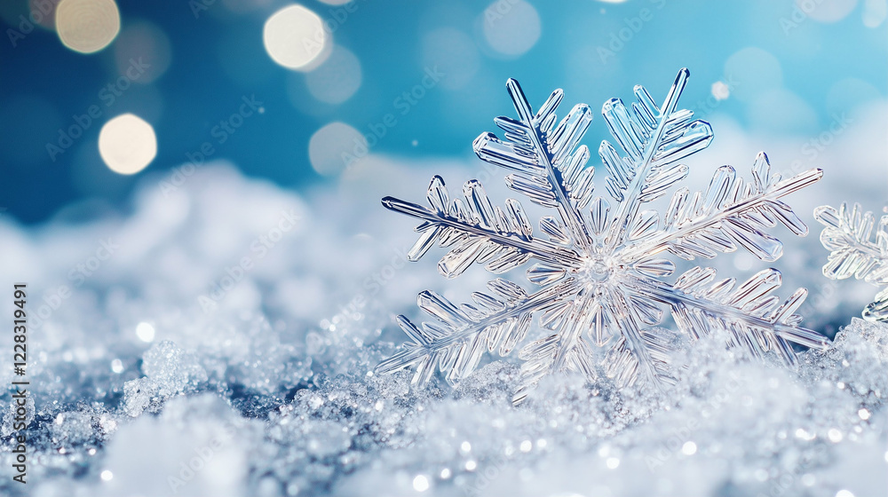 Poster snowflake close up on snow. winter snowflake on a blue background