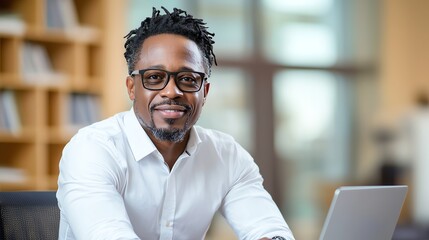 Obraz premium A confident man in a modern office setting, smiling while working on a laptop. His professional appearance and friendly demeanor create a welcoming atmosphere for collaboration.