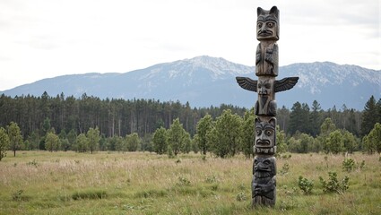 Obraz premium Symmetrical totem pole with wolf raven and bear in meadow