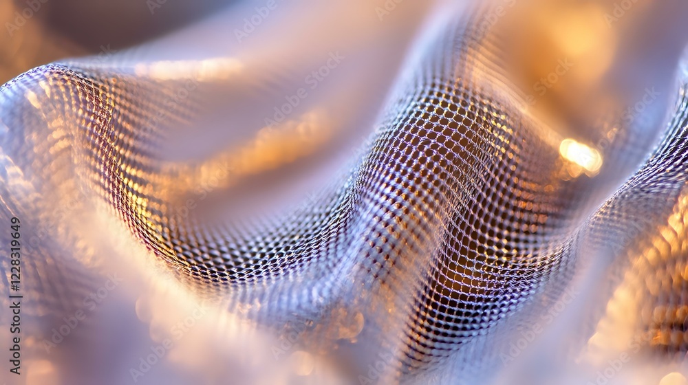 Poster abstract digital wave pattern with golden and blue metallic mesh texture creating flowing curves and