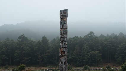 Rustic totem pole with animal carvings in foggy forest setting