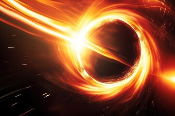 Fototapeta premium Powerful black hole absorbing light and energy in deep space with glowing orange accretion disk and jets, a cosmic phenomenon of immense gravity