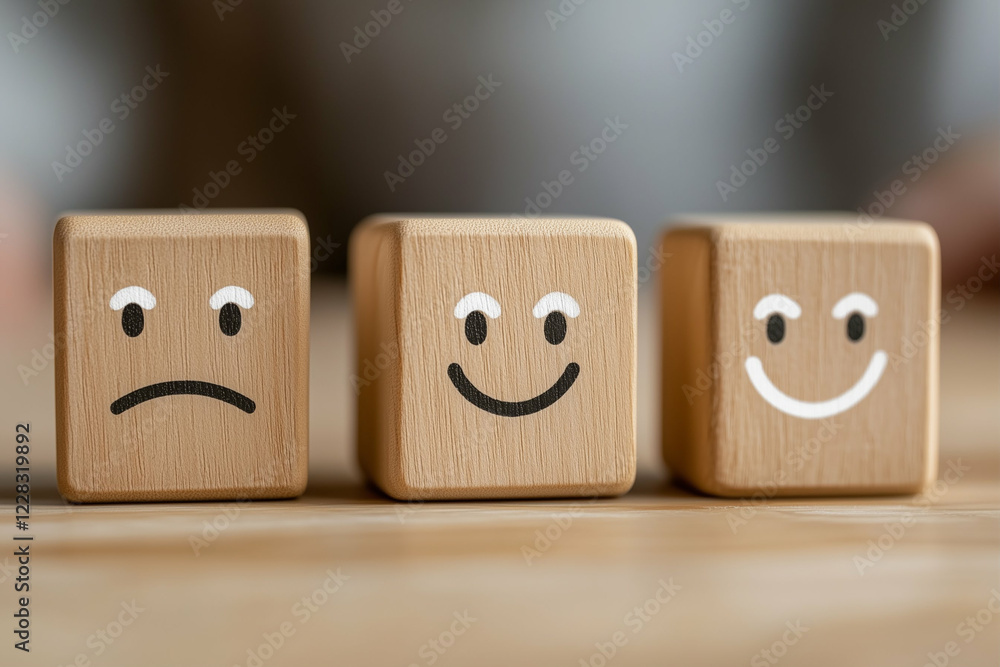 Poster emotion blocks with different expressions. three wooden blocks with different emotions are arranged 