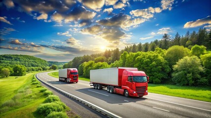 Red Trucks on Highway, Scenic Countryside Drive, Summer Day, Blue Sky, Green Trees