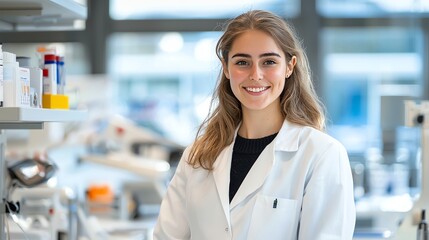 A confident young woman smiles in a modern laboratory, wearing a white lab coat. She represents dedication and the pursuit of knowledge in the field of scientific research.