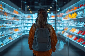 Young person exploring a modern sneaker store with bright lighting and colorful displays in the evening