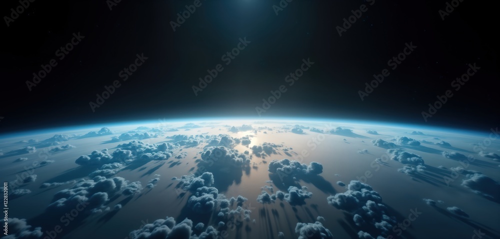 Poster stunning view of planet earth from outer space. massive clouds spread across globe, cast dramatic sh