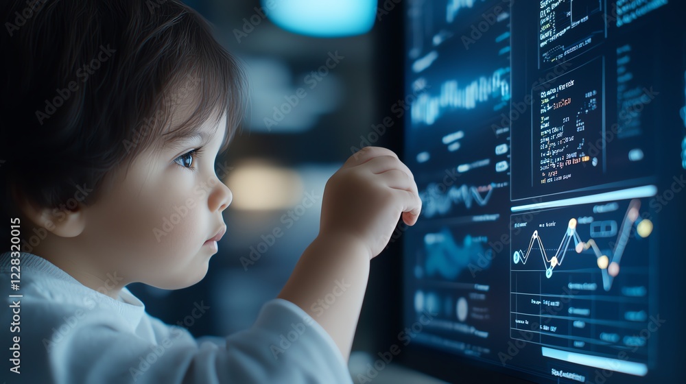 Aufkleber a curious child interacts with a high-tech computer screen displaying data and graphs, symbolizing t
