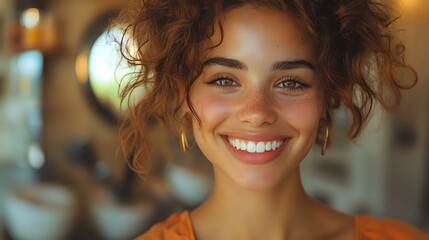 Fototapeta premium Young woman with curly brown hair and radiant smile against blurred warm background, natural beauty portrait showcasing genuine happiness and confidence.