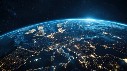 Obraz premium Europe at night, seen from space, showing city lights and coastlines.