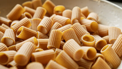 Closeup of dry rigatoni pasta with ridged texture in italy