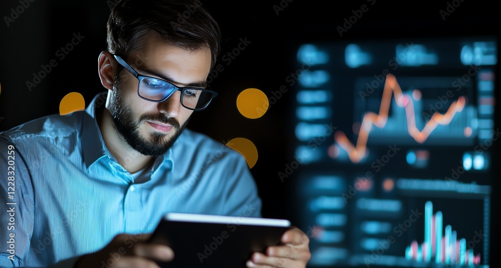 Aufkleber a focused businessman analyzing financial data on a tablet with a digital chart in the background