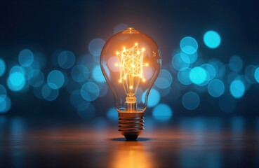 Glowing light bulb on reflective surface. Blue bokeh background. Illuminating idea concept. Modern tech innovation. Bright light source. Creative solution. Inspiration. Visionary image. Indoor