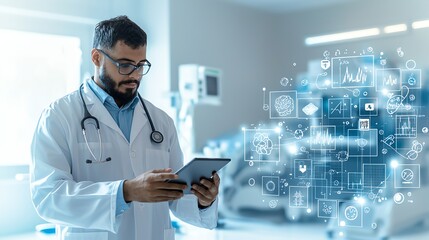 A doctor in a white coat uses a tablet in a modern medical facility, surrounded by digital health data and futuristic technology, symbolizing innovation in healthcare.