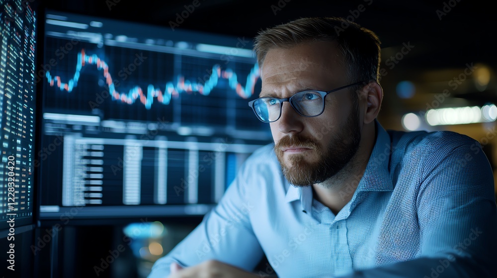 Aufkleber a focused businessman analyzing data on multiple screens in a modern office setting. the display sho