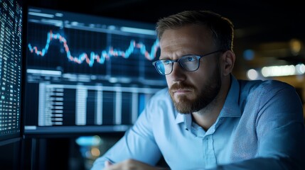 A focused businessman analyzing data on multiple screens in a modern office setting. The display shows graphs and statistics, emphasizing the importance of data-driven decisions.