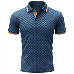 3D mockup of a navy blue textured polo shirt featuring a subtle small cube pattern, contrasting collar, and sleeve trim, displayed on a plain white background, sporty outfit