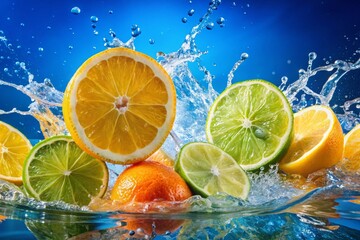 Refreshing Citrus Splash: Juicy Summer Fruit Slices in Vibrant Blue Water
