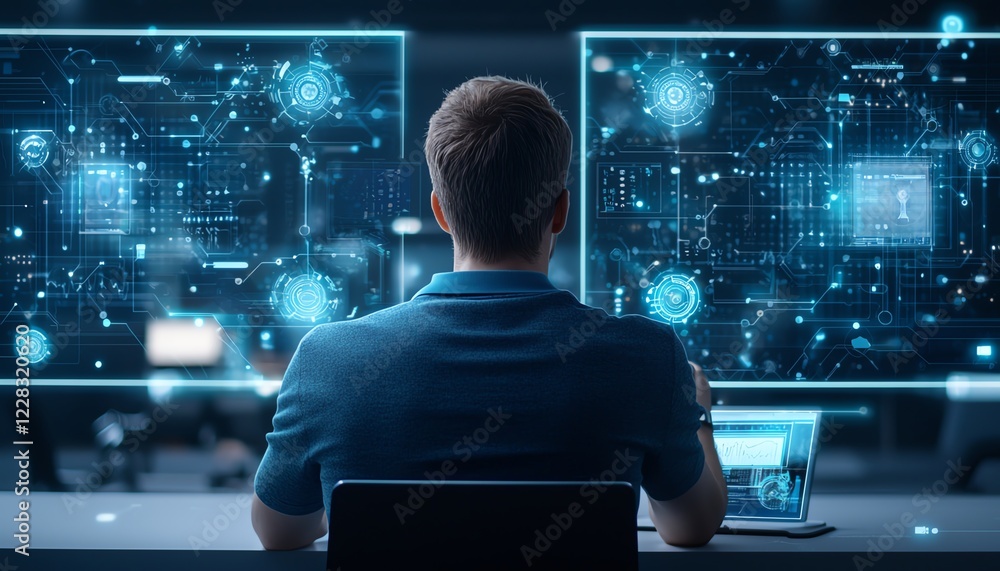 Poster a focused individual analyzes complex data on multiple screens, showcasing advanced technology in a 