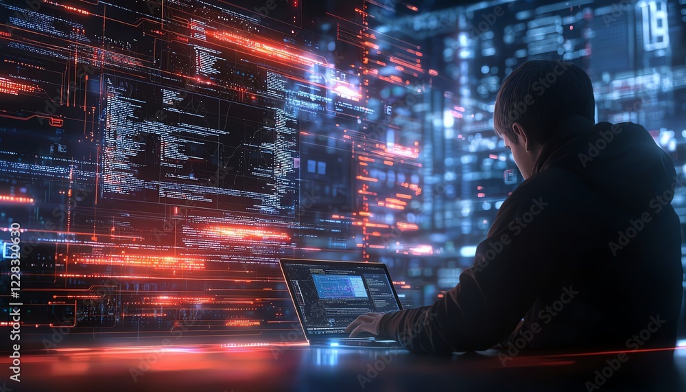 Aufkleber a focused individual engages in coding on a laptop, surrounded by vibrant data streams and digital g