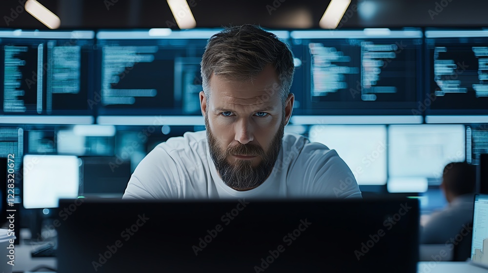 Poster a focused individual working on multiple screens in a high-tech environment, showcasing the essence 
