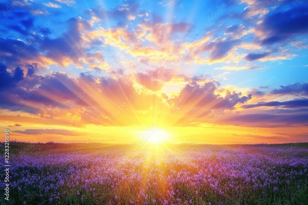 Aufkleber Golden rays shining through wheat fields during a vibrant sunset in a serene countryside landscape. Generative AI