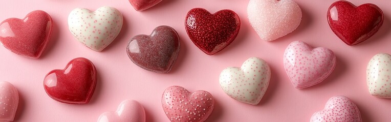 Obraz premium Border of pink and red hearts on soft pink background. Great for cards, advertisements, and social media posts.