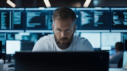 A focused individual working on multiple screens in a high-tech environment, showcasing the essence of modern digital workspaces and cybersecurity efforts.