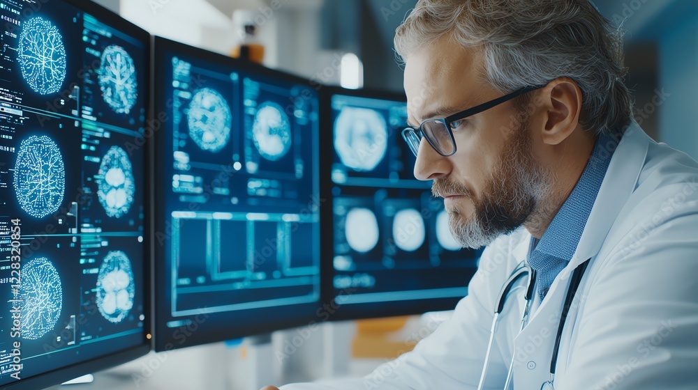 Poster a focused medical professional analyzing brain scan images on multiple screens. advanced technology 