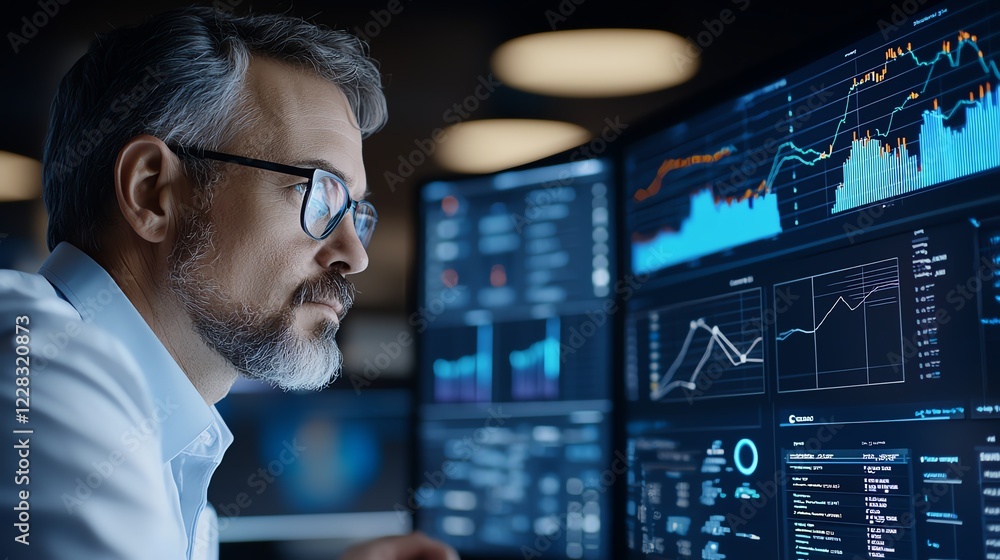 Poster a focused professional analyzes complex data on multiple screens in a modern office