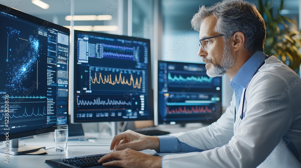 Poster a focused professional analyzes complex data on multiple monitors in a modern office environment, sh