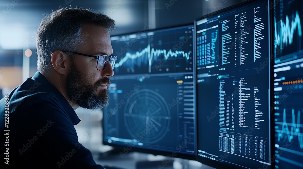 Poster a focused professional analyzes complex data on multiple screens in a modern workspace, showcasing t