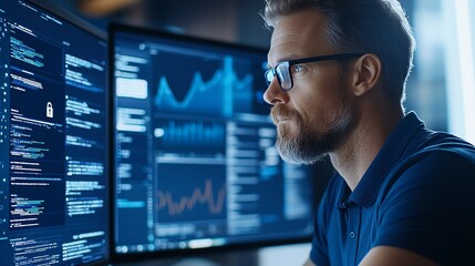 A focused man with glasses analyzing data on multiple screens
