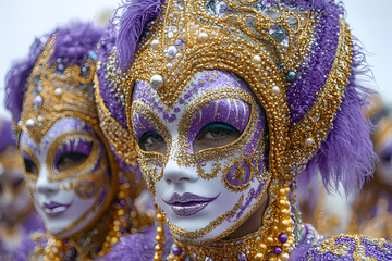 Vibrant Mardi Gras celebration with purple, green, and gold decorations