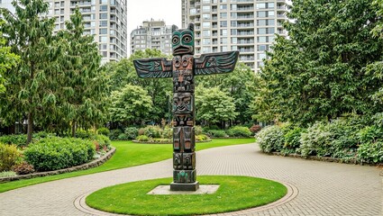 Fototapeta premium Unique totem pole with geometric animal patterns in urban park setting