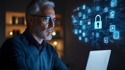 A focused professional analyzes cybersecurity data on a laptop, surrounded by digital security icons