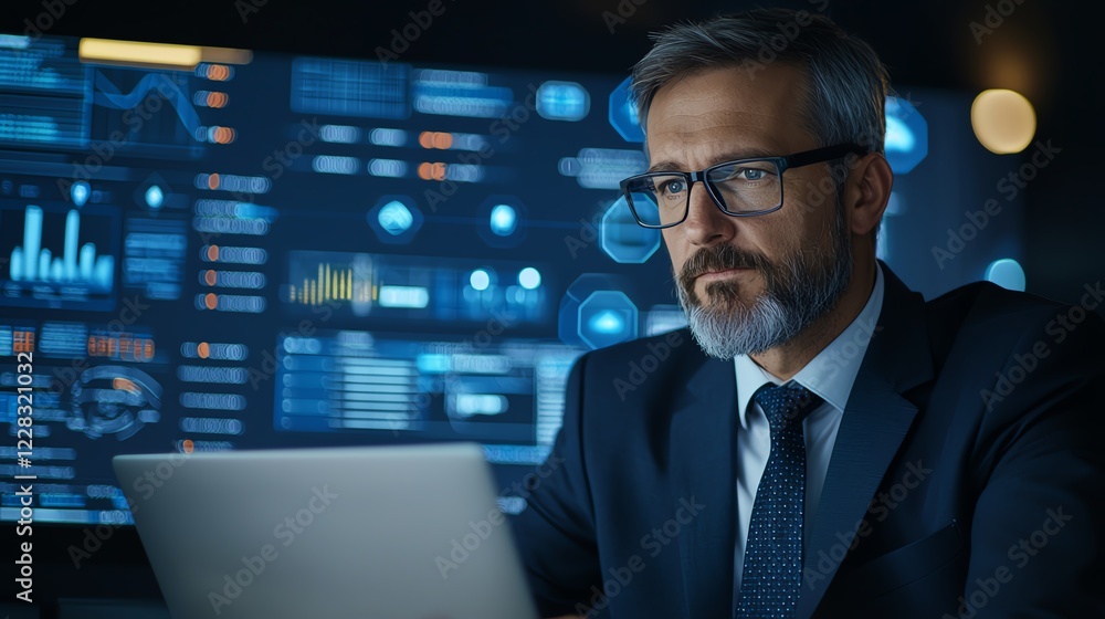 Poster a focused professional man in a suit working on a laptop, surrounded by digital screens displaying d