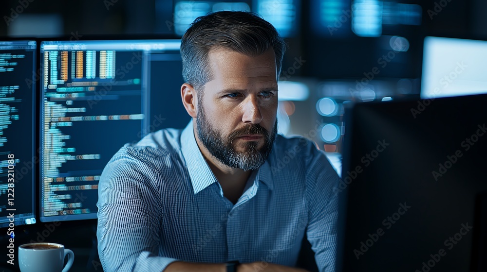 Poster a focused professional man working late in a modern office, analyzing data on multiple computer scre