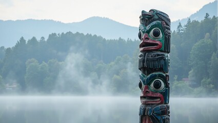 Intricate totem pole with raven in vivid colors by calm lake