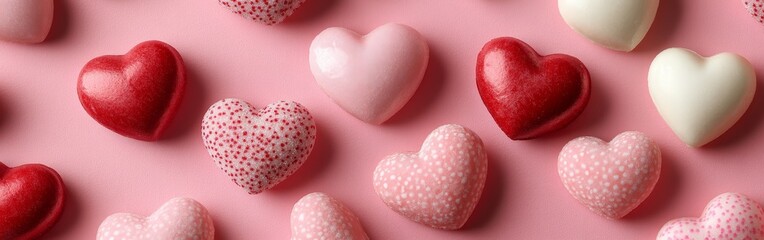 Obraz premium Border of pink and red hearts on soft pink background. Great for cards, advertisements, and social media posts.