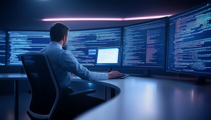 A focused professional working at a modern computer station with multiple screens displaying complex code, illustrating innovation and the digital workspace of software development