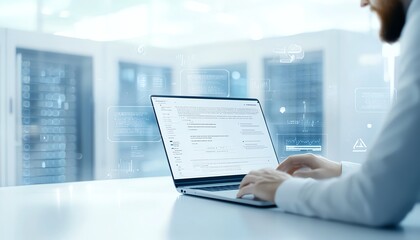 A focused professional works on a laptop in a modern office environment, showcasing advanced technology and digital innovation in a sleek, well-lit space.