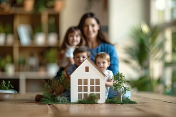 house mockup with blurred family in background, protection and insurance concept
