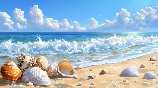 A serene beach scene featuring a variety of seashells on sandy shores, complemented by gentle waves and a clear blue sky. Sapphire Shores. Illustration