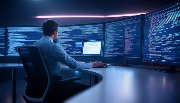 A focused professional working at a modern computer station with multiple screens displaying complex code, illustrating innovation and the digital workspace of software development
