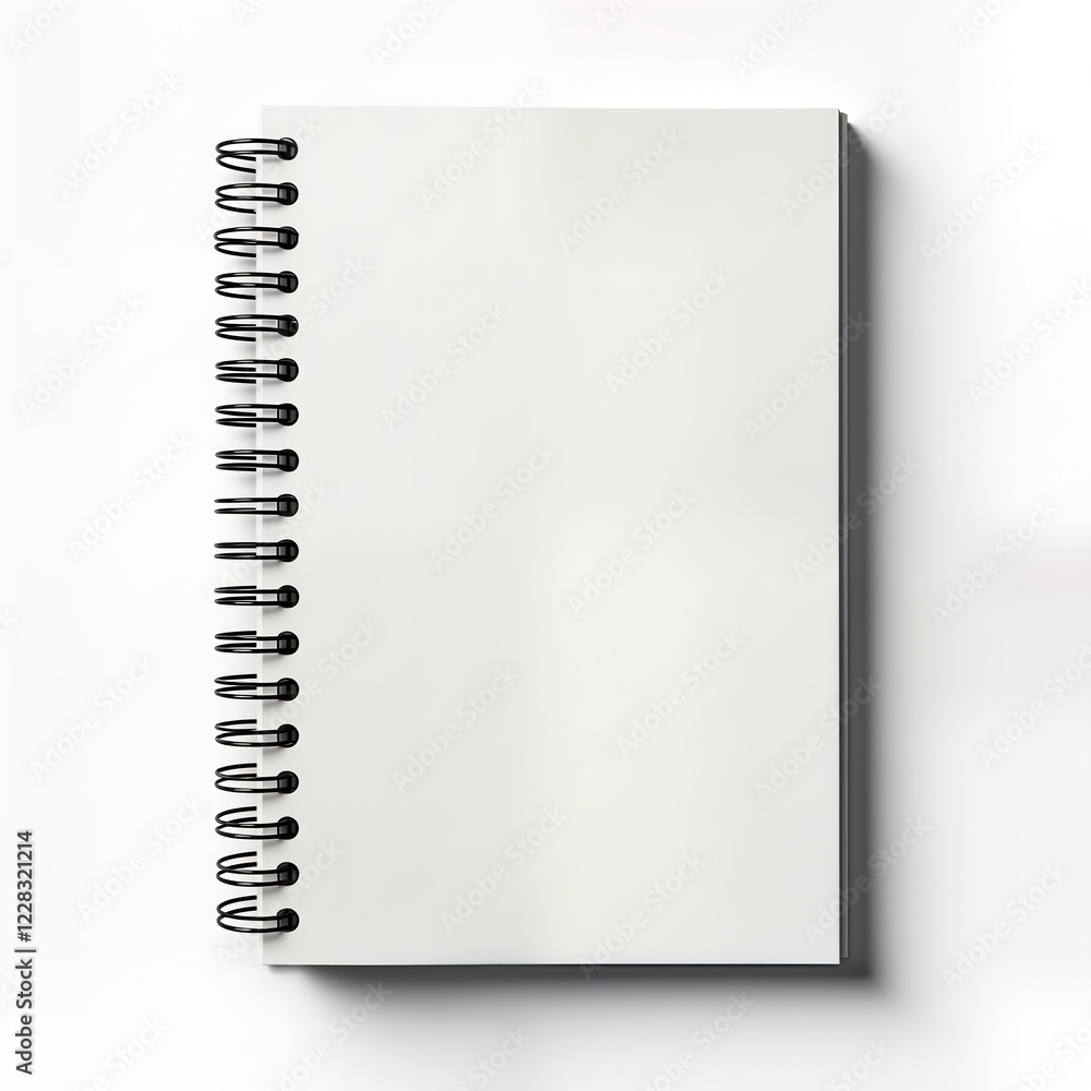 Aufkleber blank white spiral-bound notebook lies flat on white background. empty pages await writing. perfect 