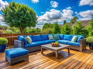Obraz premium Relaxing Blue Patio Furniture on Backyard Deck with Copy Space