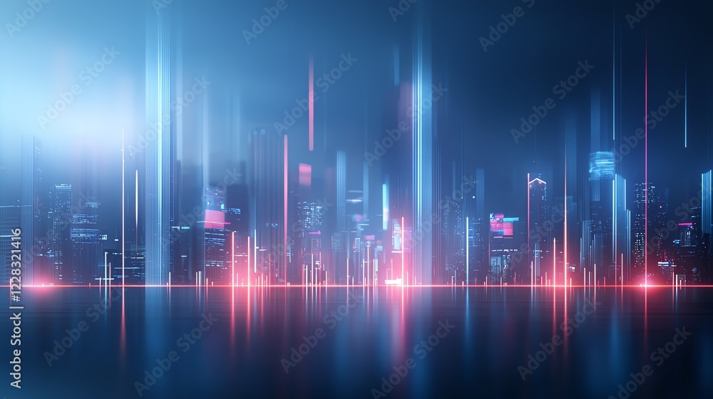 Poster a futuristic city skyline illuminated by vibrant neon lights. abstract digital data streams intertwi