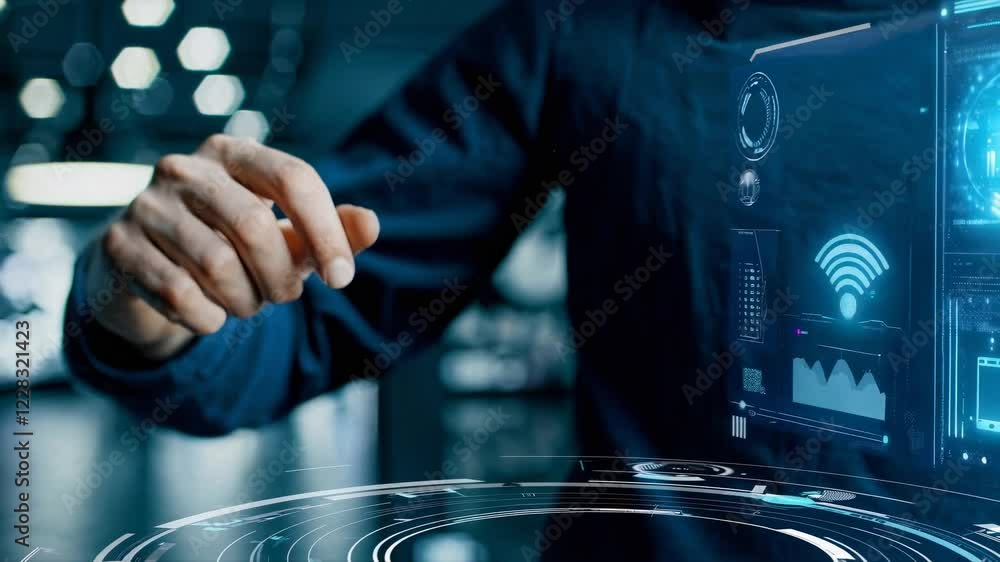 Poster a person is engaging with a futuristic holographic interface featuring various digital icons and dat