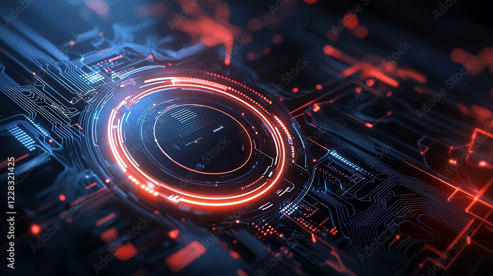 Poster a futuristic circuit board design showcasing vibrant lights and intricate patterns. ideal for illust